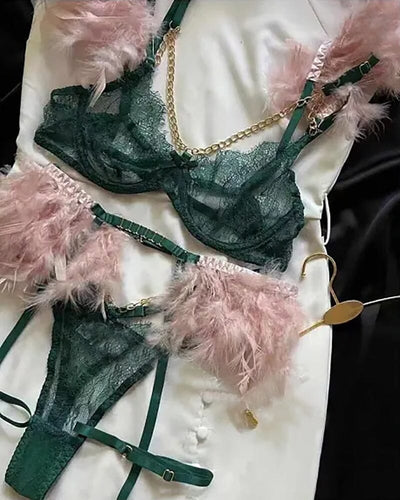 Feather Metal Chain Lace Exotic 3-Piece Set Lingerie Accessories BlissGown Dark Green Pink S 