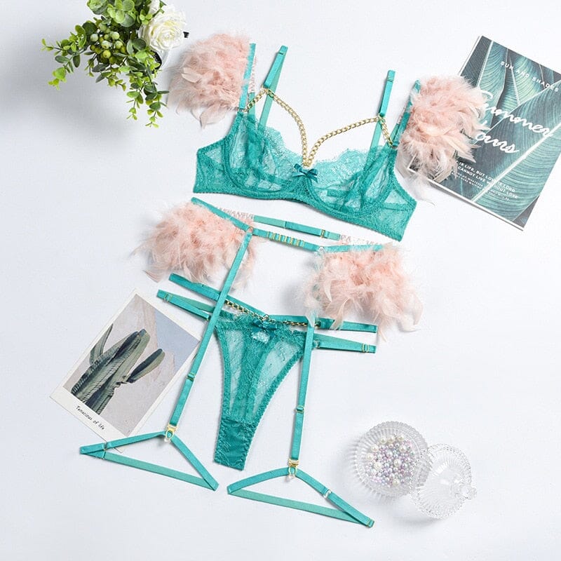 Feather Metal Chain Lace Exotic 3-Piece Set Lingerie Accessories BlissGown Green Pink S 