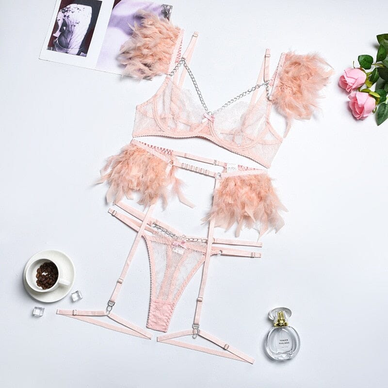Feather Metal Chain Lace Exotic 3-Piece Set Lingerie Accessories BlissGown Light Pink S 
