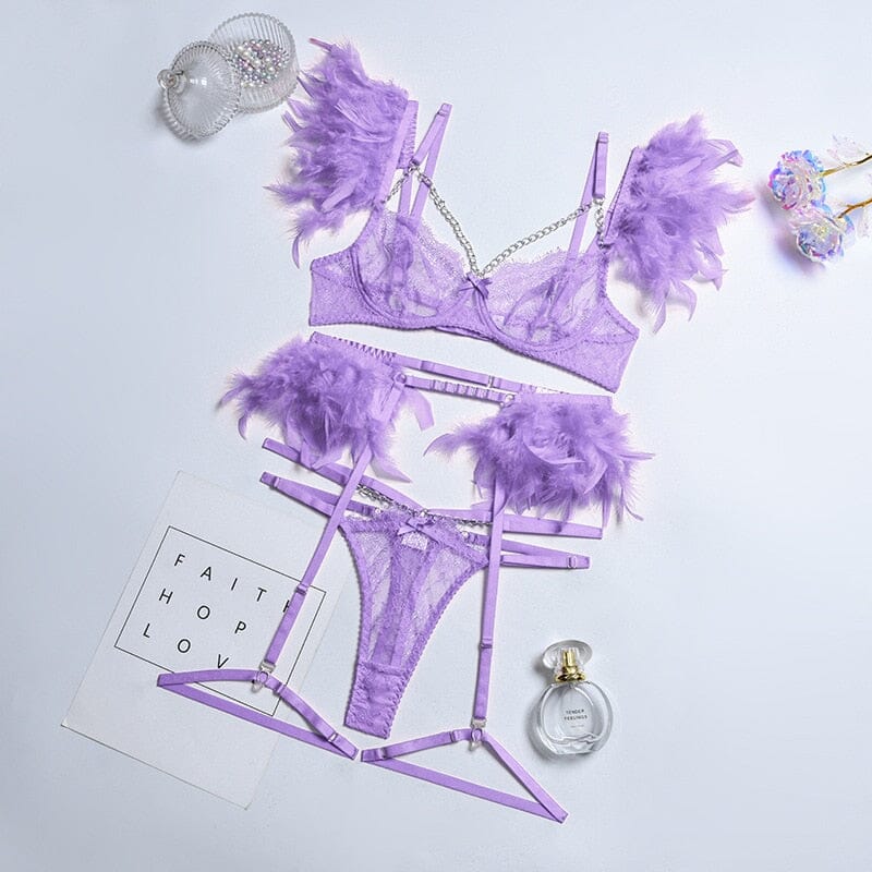 Feather Metal Chain Lace Exotic 3-Piece Set Lingerie Accessories BlissGown Purple S 