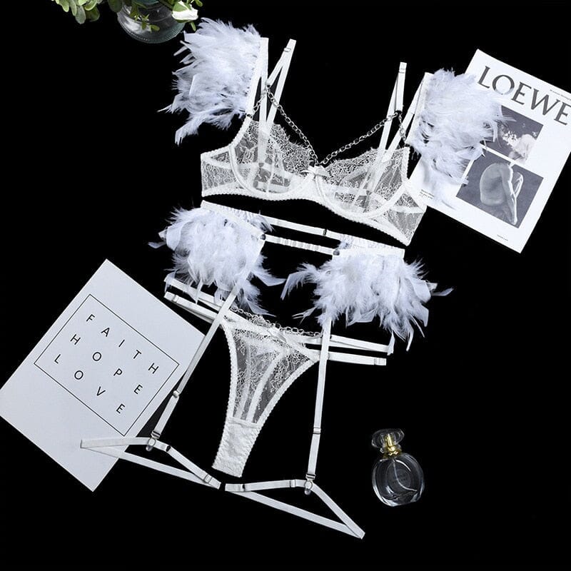 Feather Metal Chain Lace Exotic 3-Piece Set Lingerie Accessories BlissGown White S 