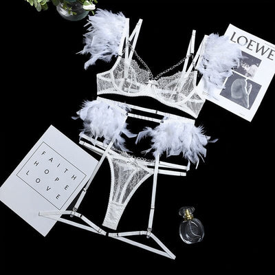 Feather Metal Chain Lace Exotic 3-Piece Set Lingerie Accessories BlissGown White S 