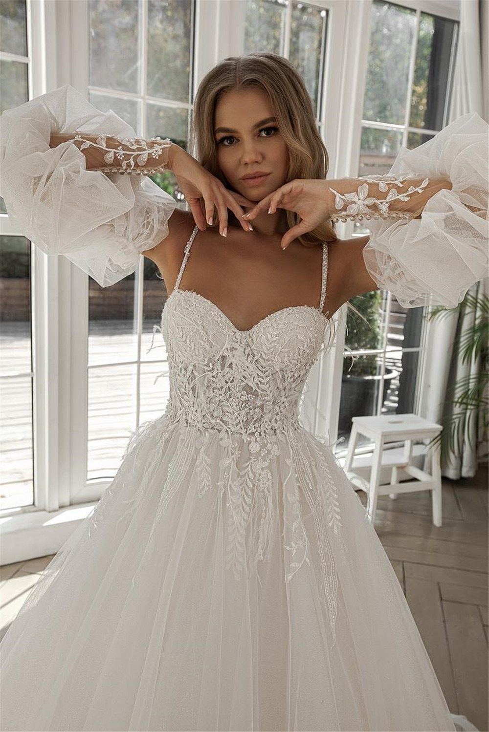Feathers Long Puff Sleeve Lace Beach Bridal Gown - BlissGown