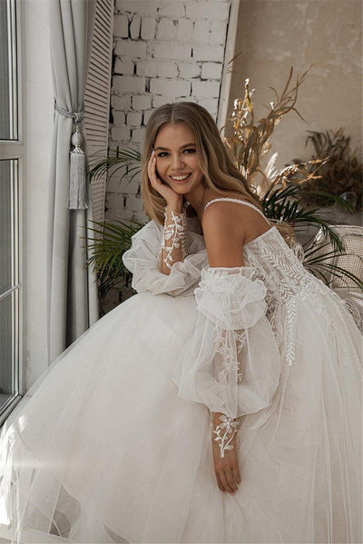 Feathers Long Puff Sleeve Lace Beach Bridal Gown Beach Wedding Dresses BlissGown 