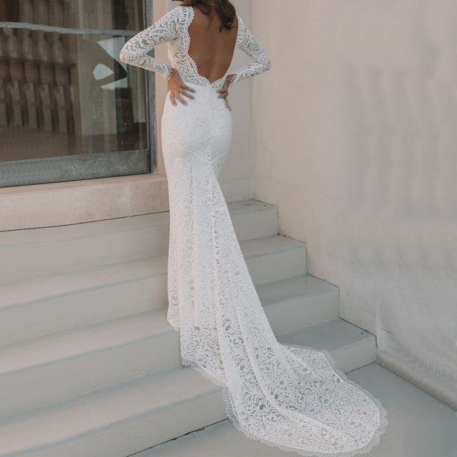 Flexible Long Sleeves Lace Bohemian Open Back Wedding Dress Boho Wedding Dresses BlissGown 