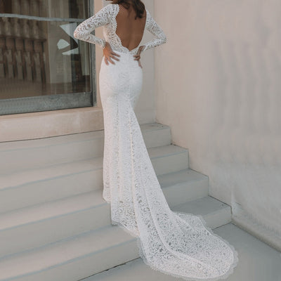 Flexible Long Sleeves Lace Open Back Bohemian Bridal Gown Boho Wedding Dresses BlissGown Ivory 40cm train 2 