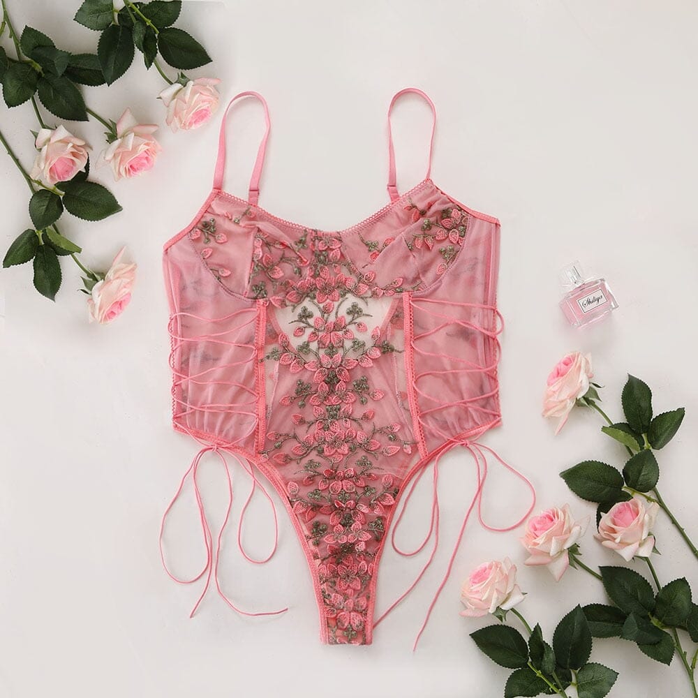 Floral Embroidery Lace Up Bodycon Transparent Lingerie Accessories BlissGown 
