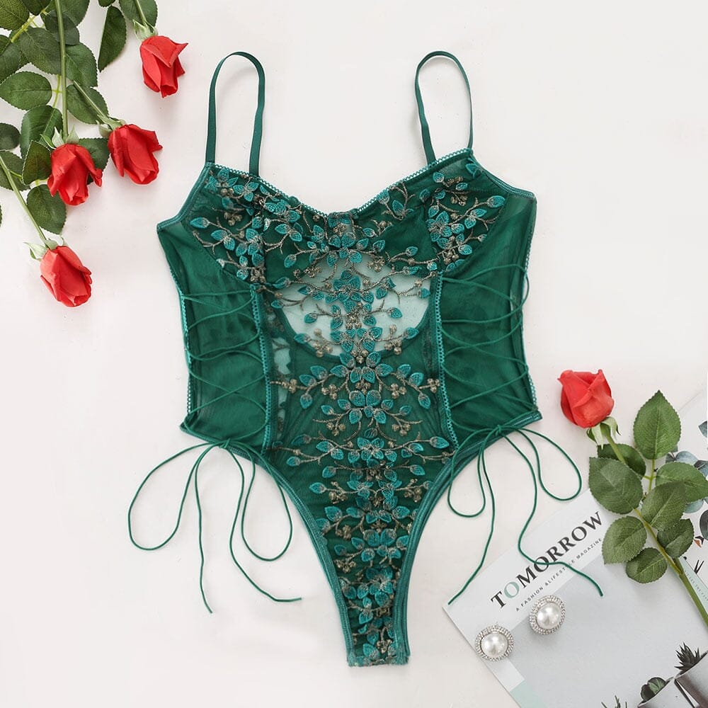 Floral Embroidery Lace Up Bodycon Transparent Lingerie Accessories BlissGown Dark Green S 