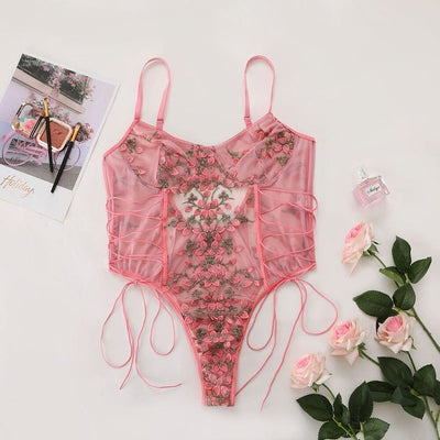 Floral Embroidery Lace Up Bodycon Transparent Lingerie Accessories BlissGown Dark Pink S 