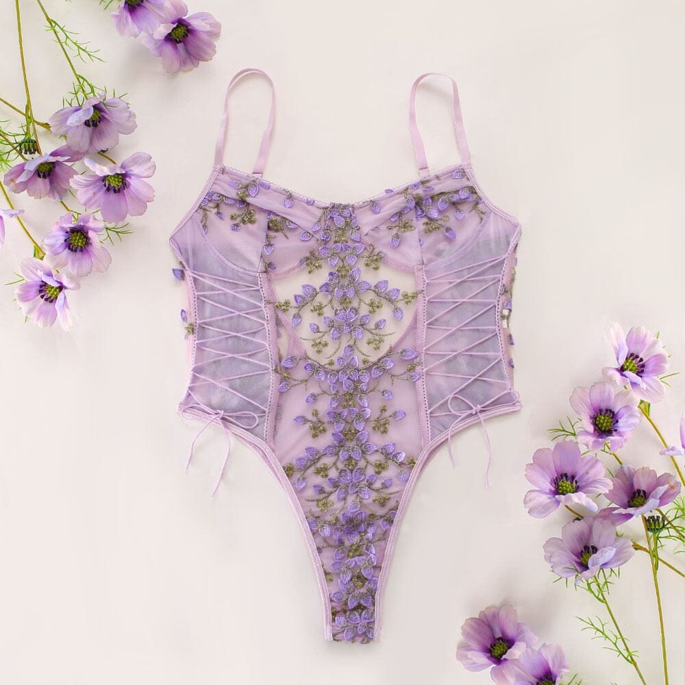 Floral Embroidery Lace Up Bodycon Transparent Lingerie Accessories BlissGown Light Purple S 