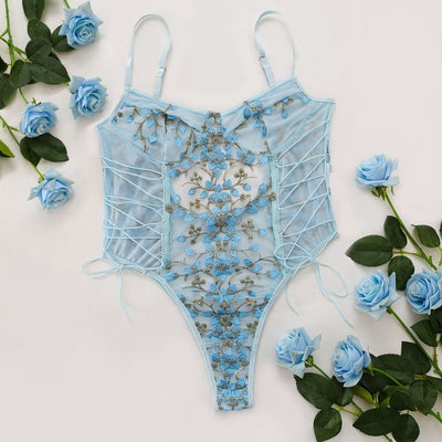 Floral Embroidery Lace Up Bodycon Transparent Lingerie Accessories BlissGown Sky Blue S 