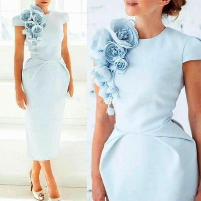 Floral Flowers Tea Length Short Sleeves Sheath Mother of the Bride Dress Mother of the Bride Dresses BlissGown 