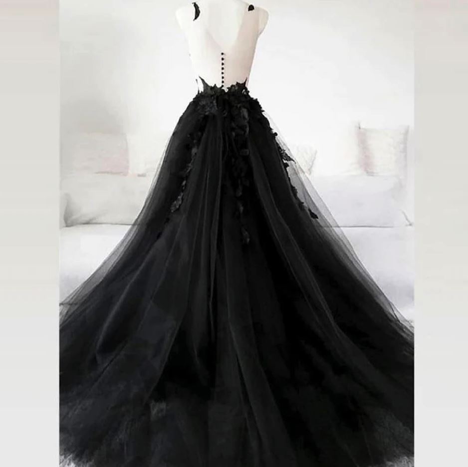 Floral Gothic Black Long Wedding Dress Vintage Wedding Dresses BlissGown 