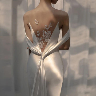 Flowers Embroidery New Satin Mermaid Backless Bridal Gown Beach Wedding Dresses BlissGown 