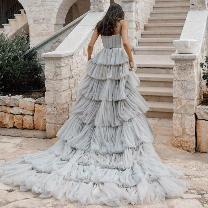 Flowy Grey Tulle Tiered Sexy Strapless Bohemia Wedding Dress Boho Wedding Dresses BlissGown 