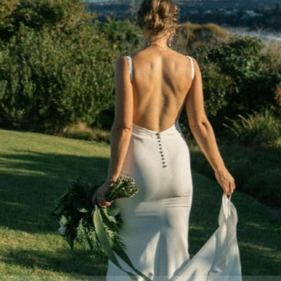 French Crepe Mermaid Backless Deep V Neck Wedding Dress Beach Wedding Dresses BlissGown 