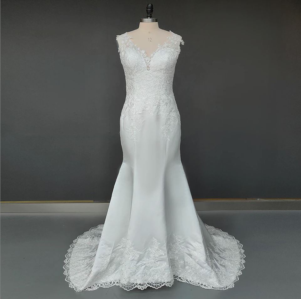 French Elegant Open Back Trumpet Sleeveless Satin Wedding Dress Classic Wedding Dresses BlissGown 