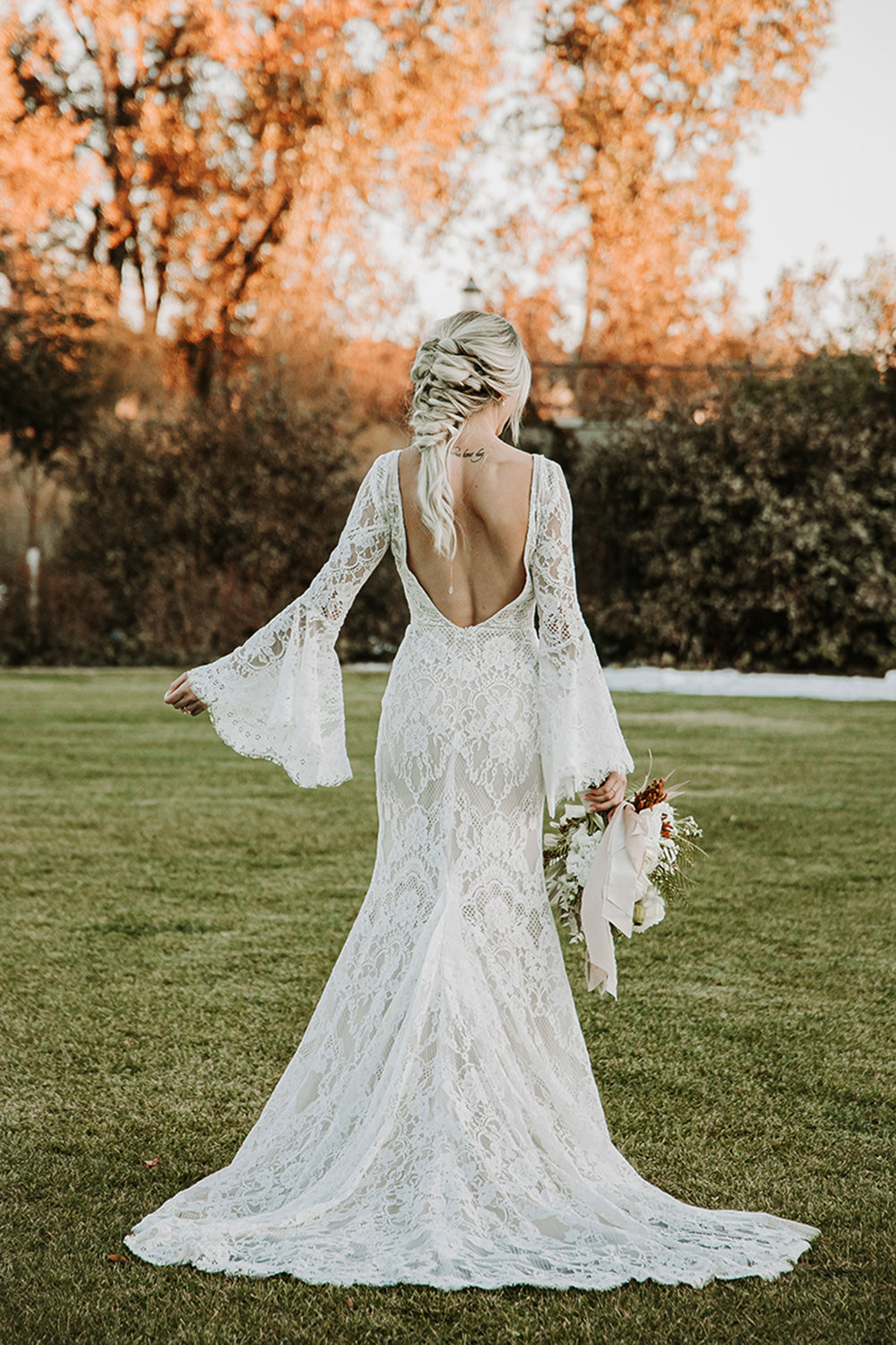 French Long Boho Bell Sleeves Back Wedding Dress – BlissGown