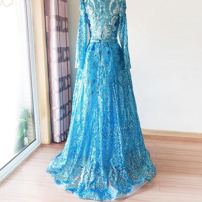 Full Lace Mermaid V-Neck Long Sleeves Crystal Evening Dress Evening & Formal Dresses BlissGown 