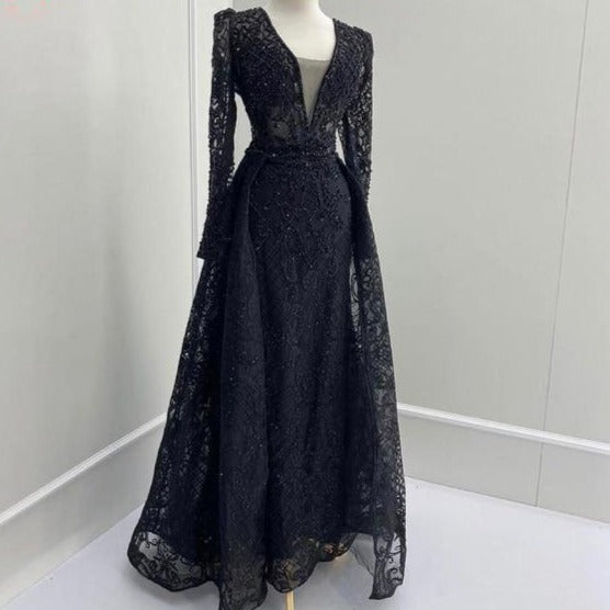 Full Lace Mermaid V-Neck Long Sleeves Crystal Evening Dress Evening & Formal Dresses BlissGown Black 2 China
