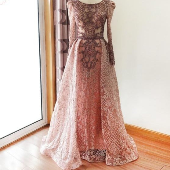 Full Lace Mermaid V-Neck Long Sleeves Crystal Evening Dress Evening & Formal Dresses BlissGown Round-Neck-Pink 8 China