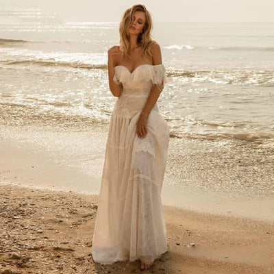 Full Lace Off The Shoulder Ruffles A Line Boho Beach Bridal Gowns Beach Wedding Dresses BlissGown 