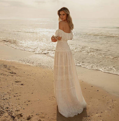 Full Lace Off The Shoulder Ruffles A Line Boho Beach Bridal Gowns Beach Wedding Dresses BlissGown 