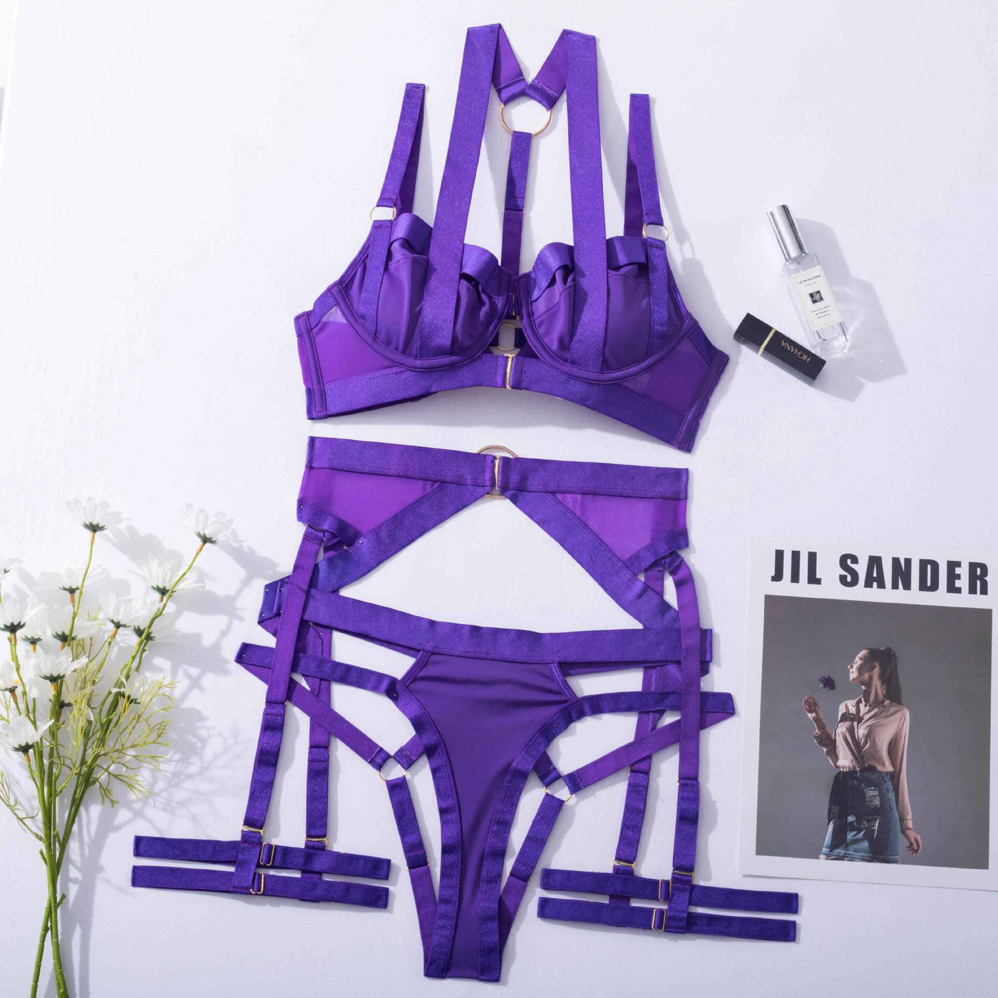 Garter Belt 4-Piece Halter Bra With Bow Sexy Lingerie Accessories BlissGown Purple S 