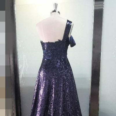 Glitter Sequined One Shoulder Sleeve Formal Evening Dress Evening & Formal Dresses BlissGown 