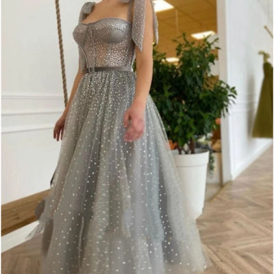 Glitter Silver Tulle Tea Length Short Prom Dress Sexy Prom Dresses BlissGown 