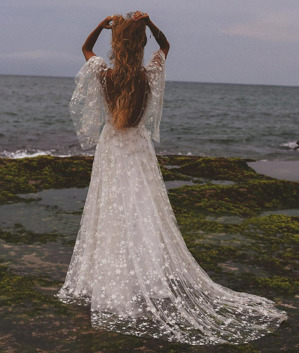 Glitter Sparkles Stars Lace Boho Beach Wedding Dress Boho Wedding Dresses BlissGown 
