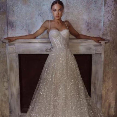 Glitter Tulle Sexy Spaghetti Straps Princess Bridal Gown Beach Wedding Dresses BlissGown 