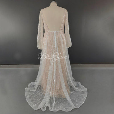 Glitter Two Pieces with Detachable Coat Gold Sash Wedding Dress Sexy Wedding Dresses BlissGown 