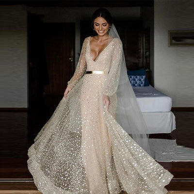 Glitter Two Pieces with Detachable Coat Gold Sash Wedding Dress Sexy Wedding Dresses BlissGown 