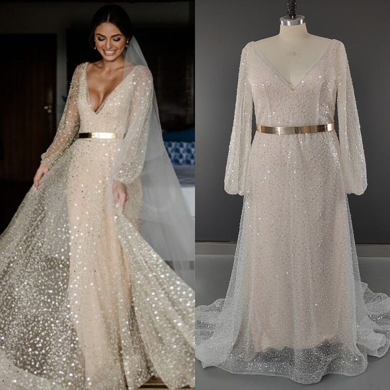 Glitter Two Pieces with Detachable Coat Gold Sash Wedding Dress Sexy Wedding Dresses BlissGown As Picture 2 