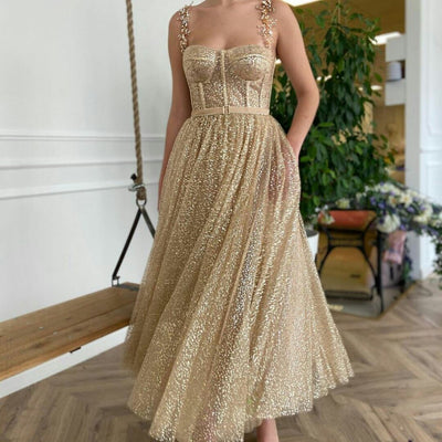 Glittery Gold Dotted Tulle Short Prom Dress Sequin Prom Dresses BlissGown 