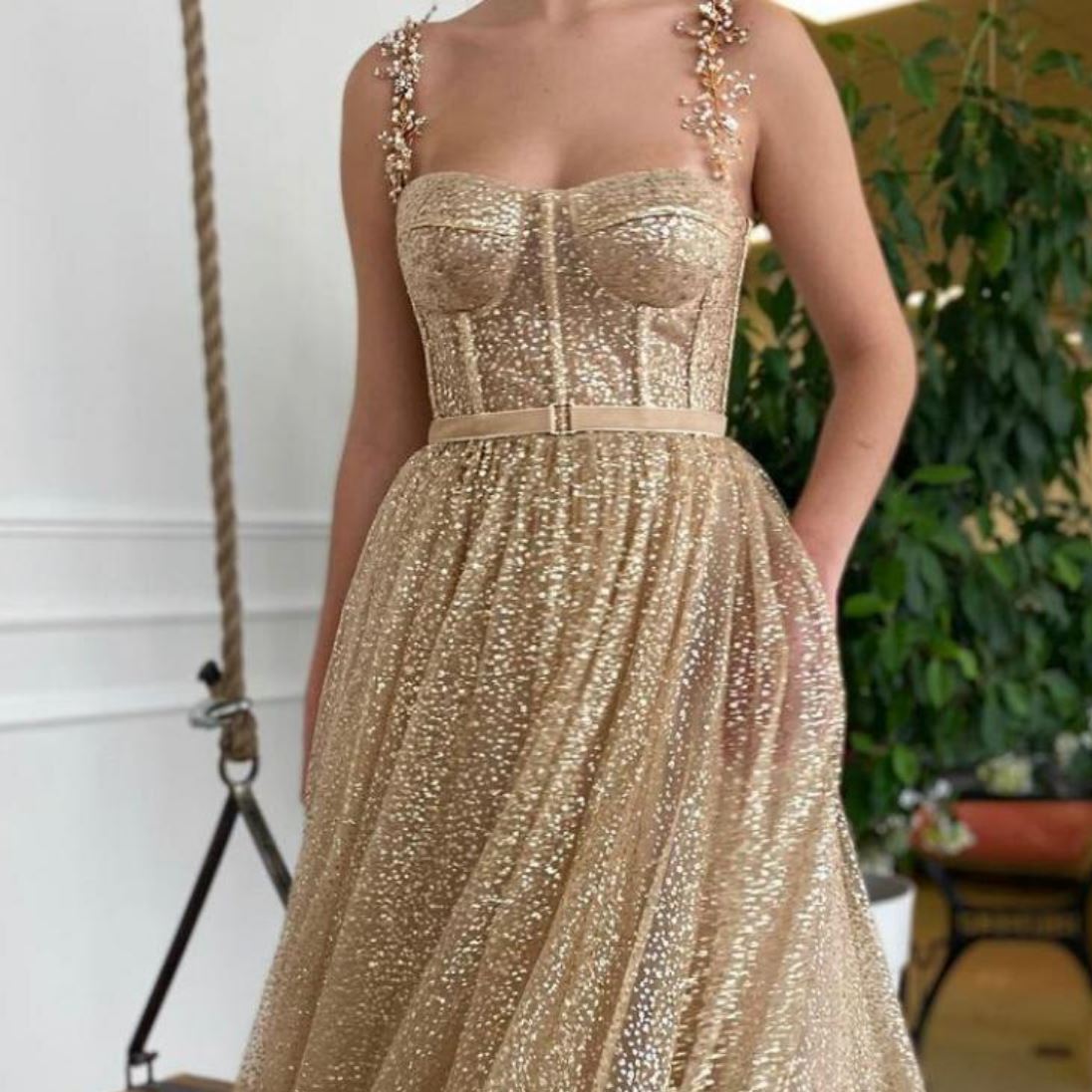 Glittery Gold Dotted Tulle Short Prom Dress Sequin Prom Dresses BlissGown 