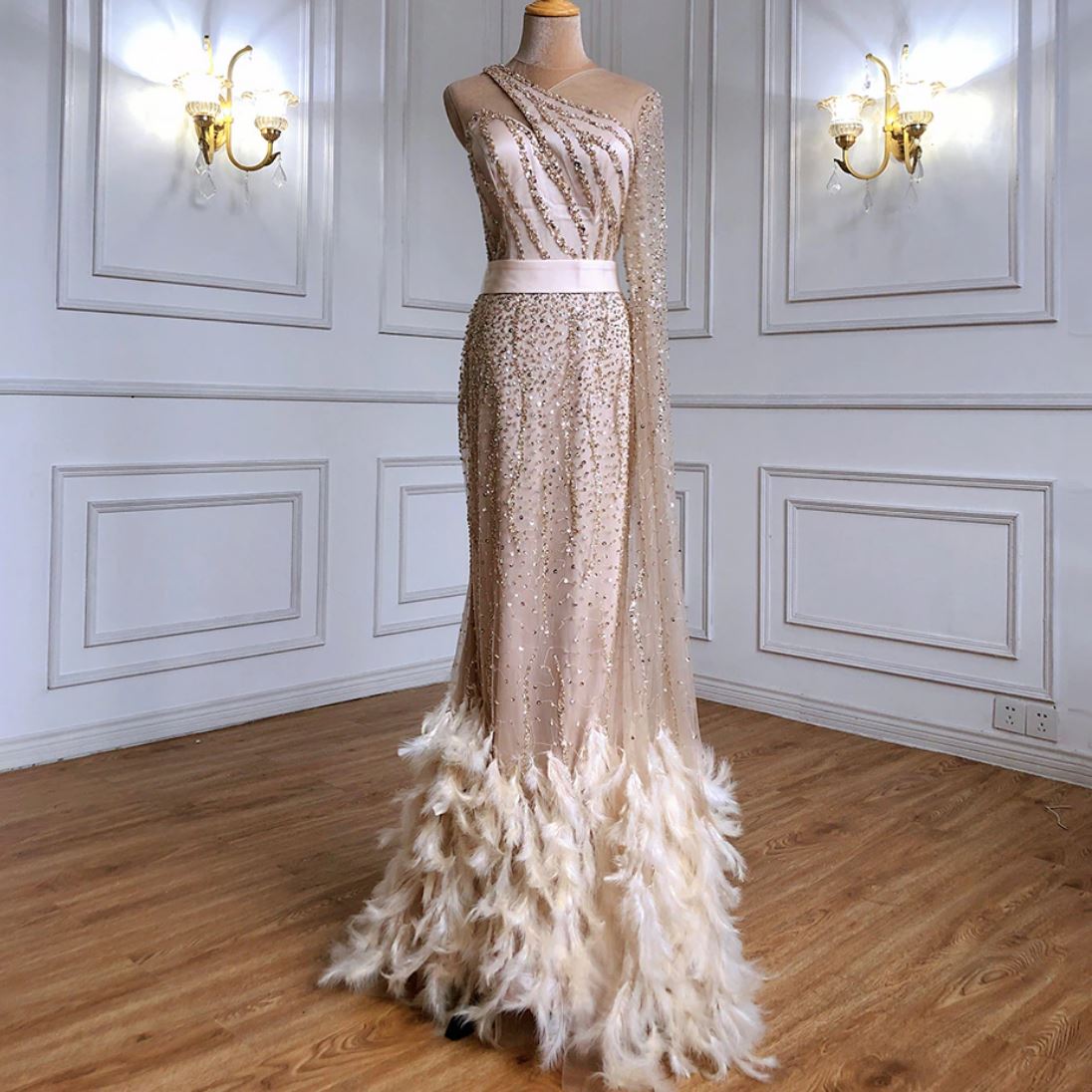 Gold One Shoulder Luxury Feather Beading Elegant Sexy Evening Dress Evening & Formal Dresses BlissGown 