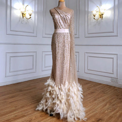 Exquisite Feather Beaded Evening Gown