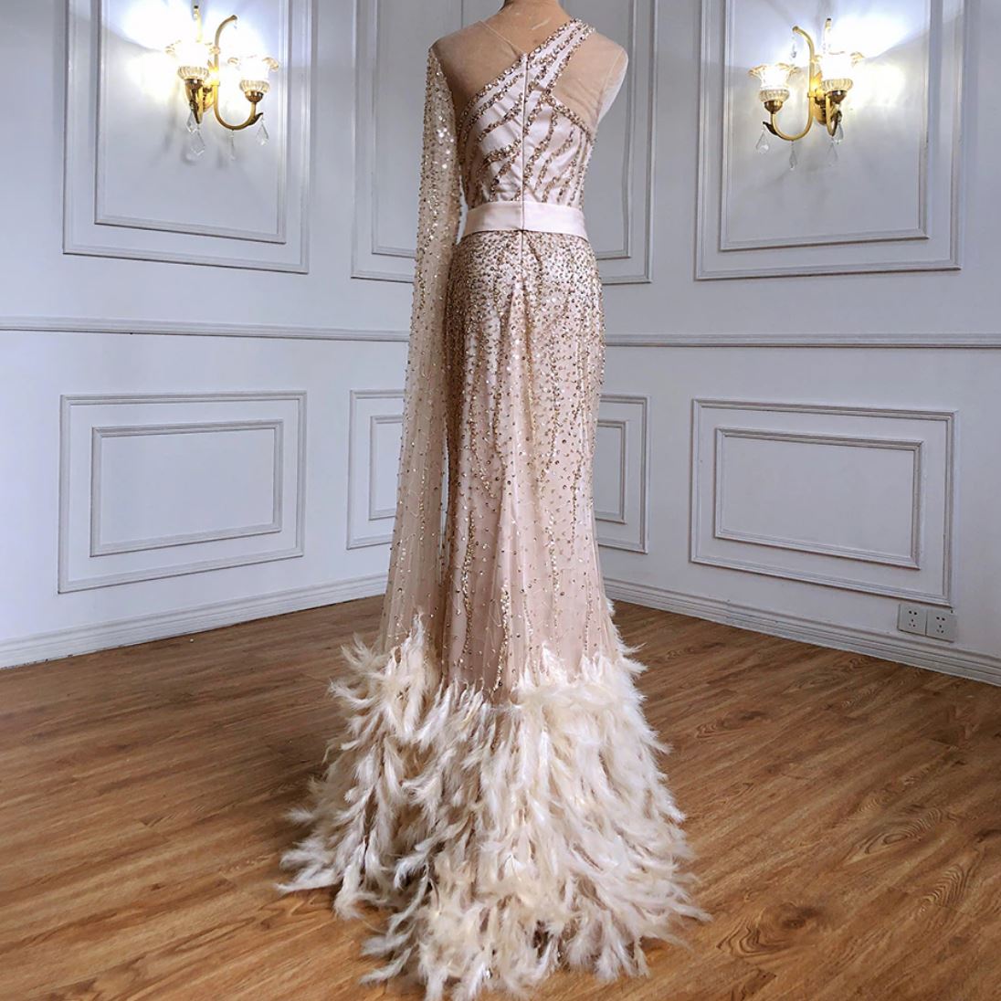 Gold One Shoulder Luxury Feather Beading Elegant Sexy Evening Dress Evening & Formal Dresses BlissGown 