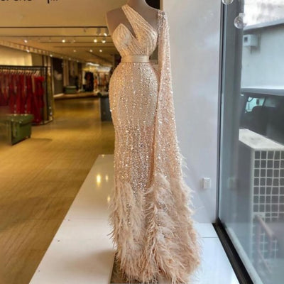 Gold One Shoulder Luxury Feather Beading Elegant Sexy Evening Dress Evening & Formal Dresses BlissGown gold 10 
