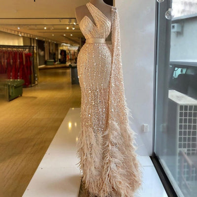Gold One Shoulder Luxury Feather Beading Elegant Sexy Evening Dress Evening & Formal Dresses BlissGown Gold 2 