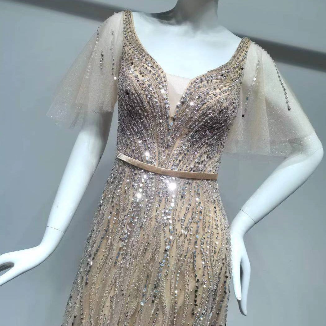 Golden Luxury Beading A-line Short Flare Sleeves Evening Dress Evening & Formal Dresses BlissGown 