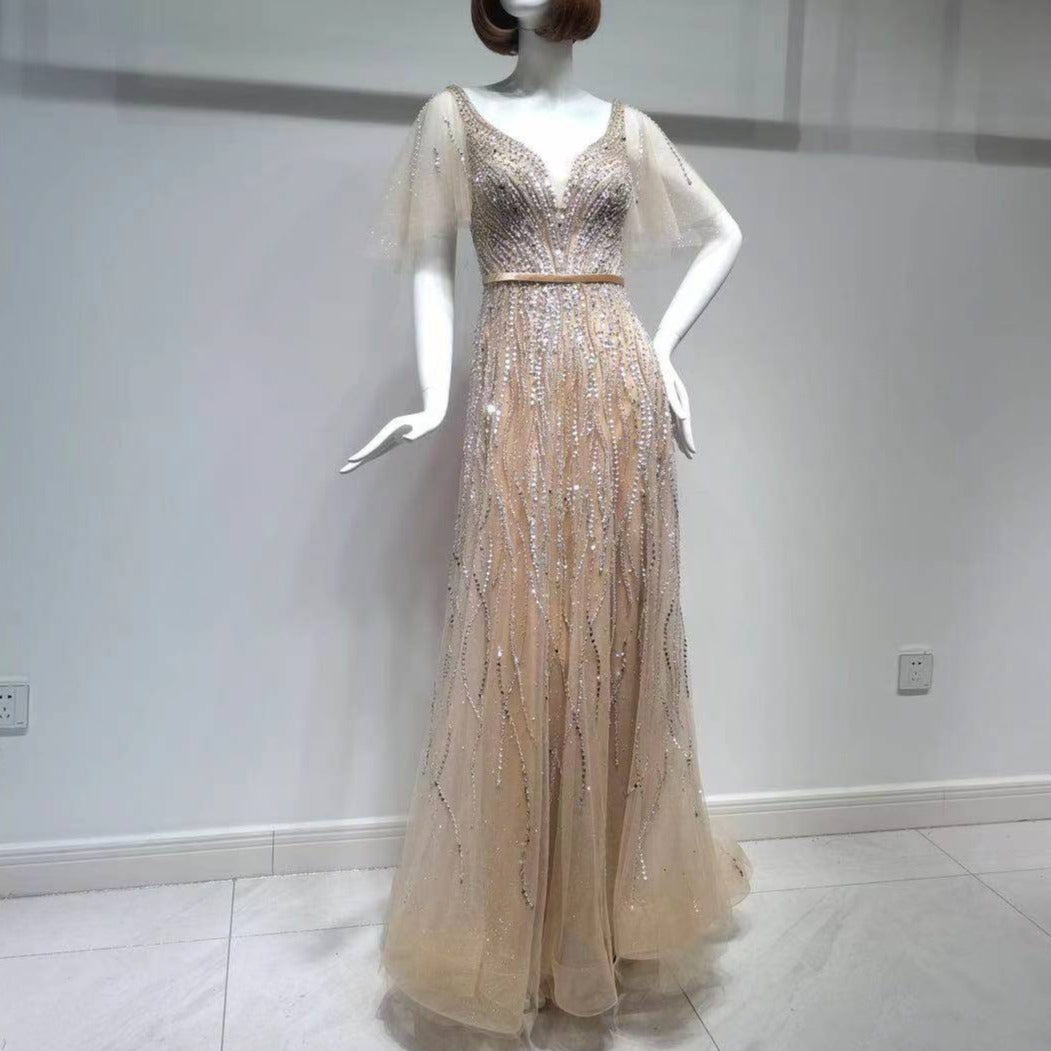 Golden Luxury Beading A-line Short Flare Sleeves Evening Dress Evening & Formal Dresses BlissGown 