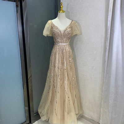 Golden Luxury Beading A-line Short Flare Sleeves Evening Dress Evening & Formal Dresses BlissGown Gold 4 