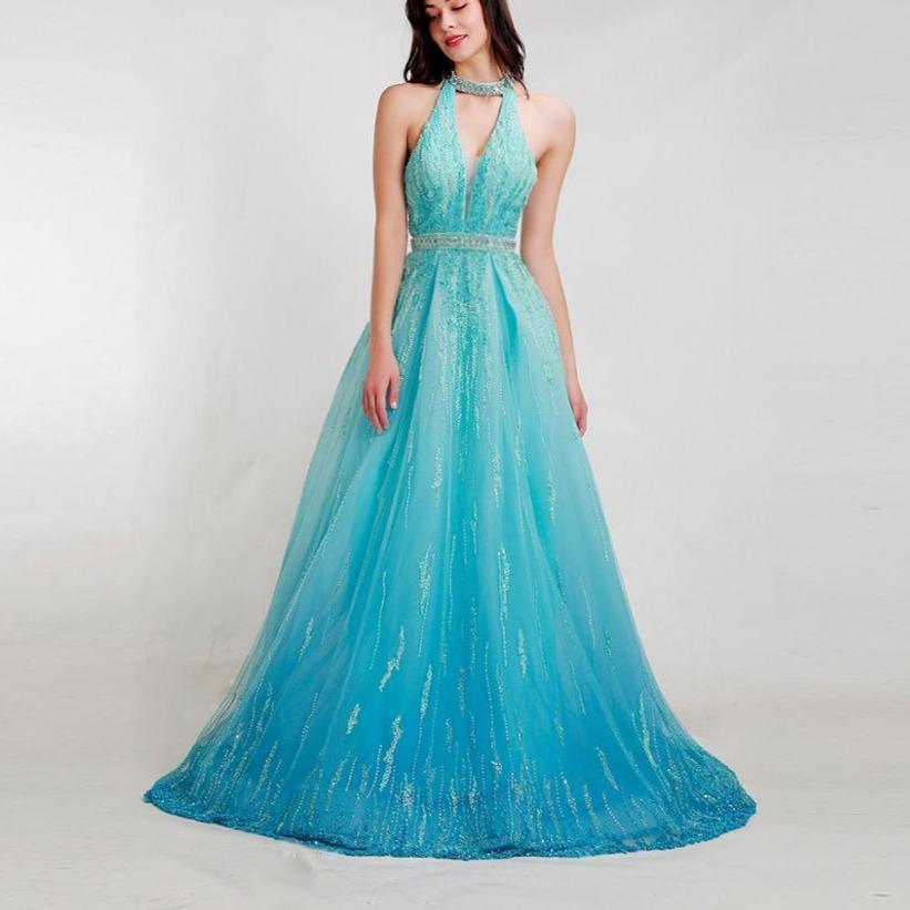 Gorgeous Beading Tulle Halter Sexy Backless Prom Dress