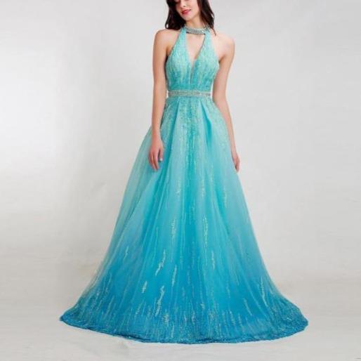 Gorgeous Beading Tulle Halter Sexy Backless Prom Dress V-Neck Prom Dresses BlissGown Light Blue 24 