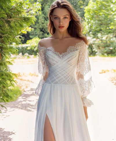Gorgeous Long Sleeve Chiffon Bohemian Lace Wedding Dress Boho Wedding Dresses BlissGown 