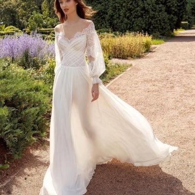 Gorgeous Long Sleeve Chiffon Bohemian Lace Wedding Dress Boho Wedding Dresses BlissGown Off White Custom Size 