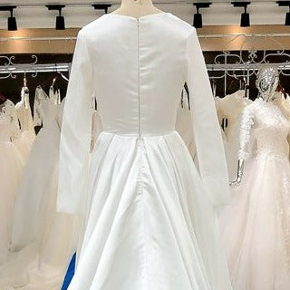 Gorgeous Simple Long Sleeve Plain Satin Gown Wedding Dress Classic Wedding Dresses BlissGown 